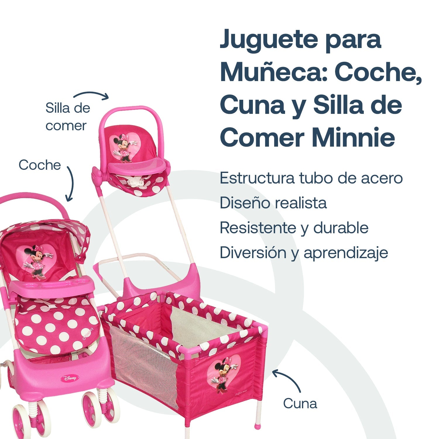 Juguete Muñeca Coche Travel, Cuna Y Silla Comer Minnie