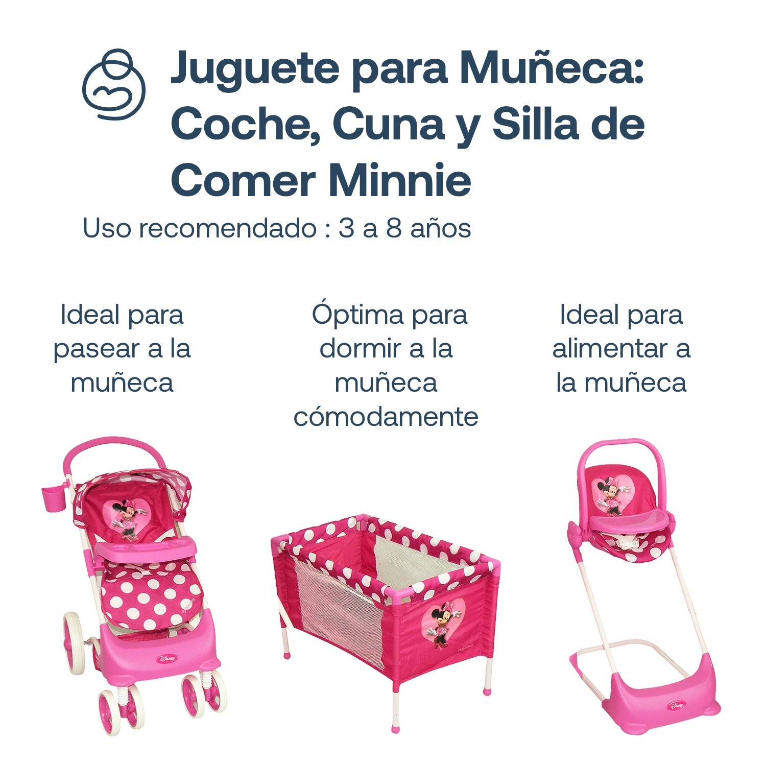 Juguete Muñeca Coche Travel, Cuna Y Silla Comer Minnie
