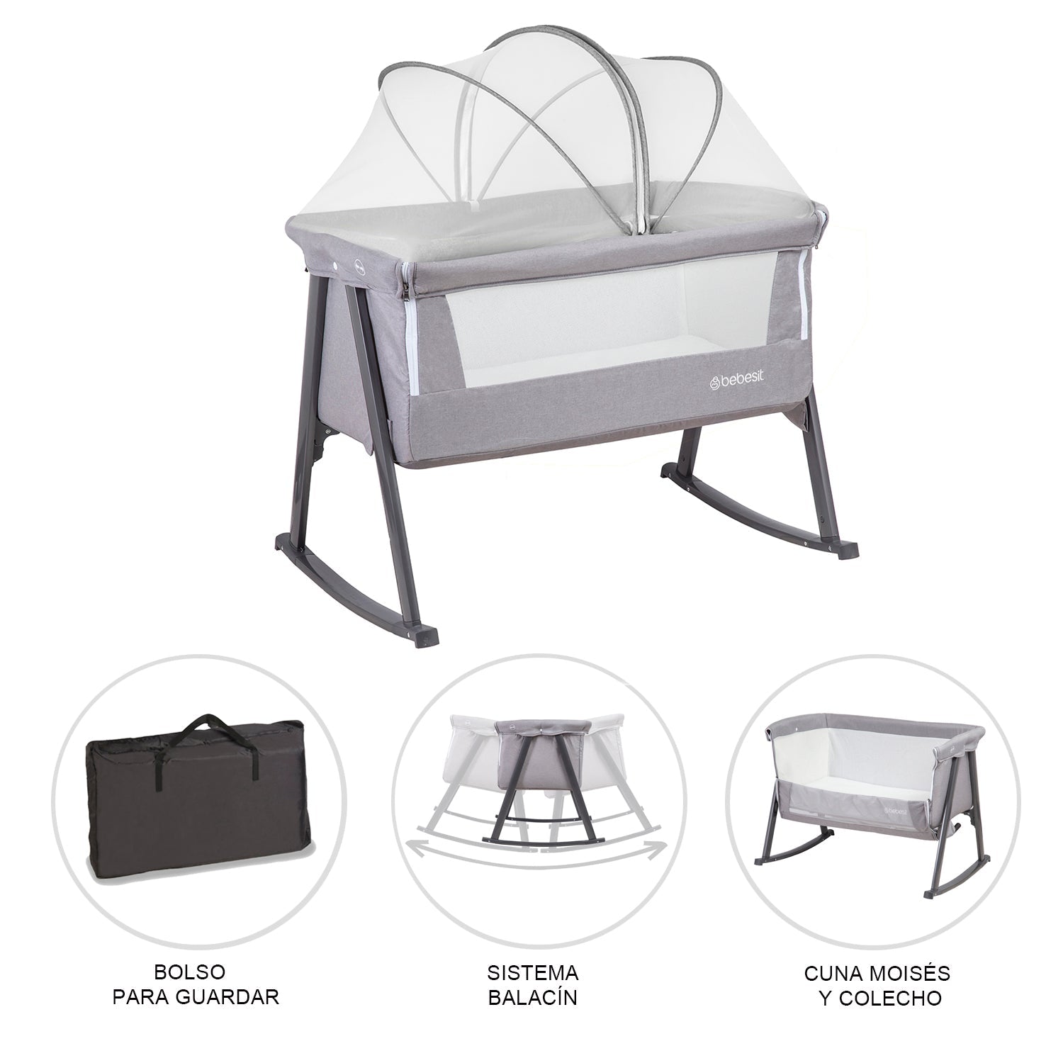 Cuna Moisés Balancín con Mosquitero Gris