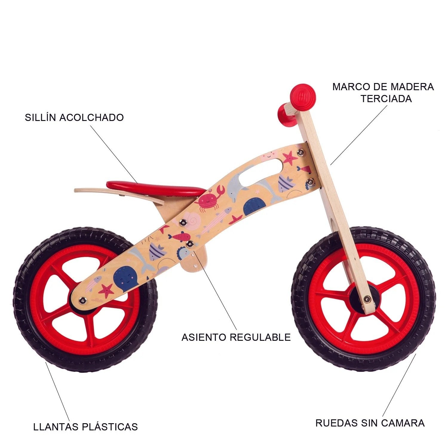 Balance Bike Bicicleta De Equilibrio Madera Océano Rojo