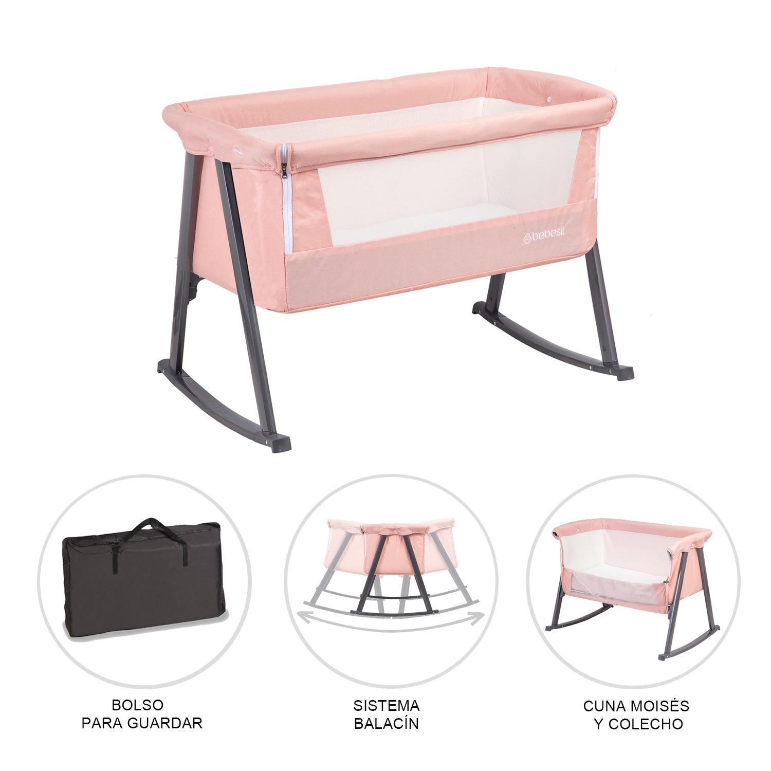 Cuna Colecho Moisés Mecedora Rosada