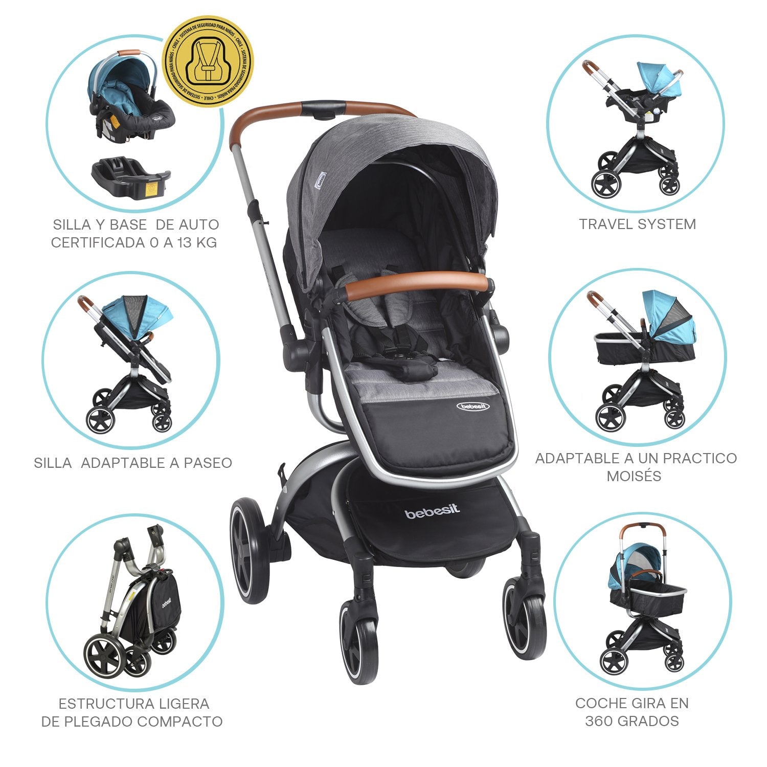 Coche Travel System Deluxe 360° Sx Gris