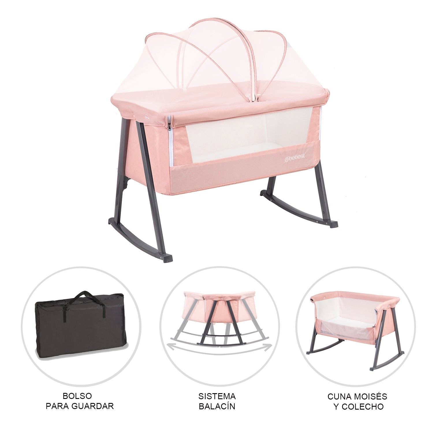 Cuna Moisés Balancín con Mosquitero Rosada