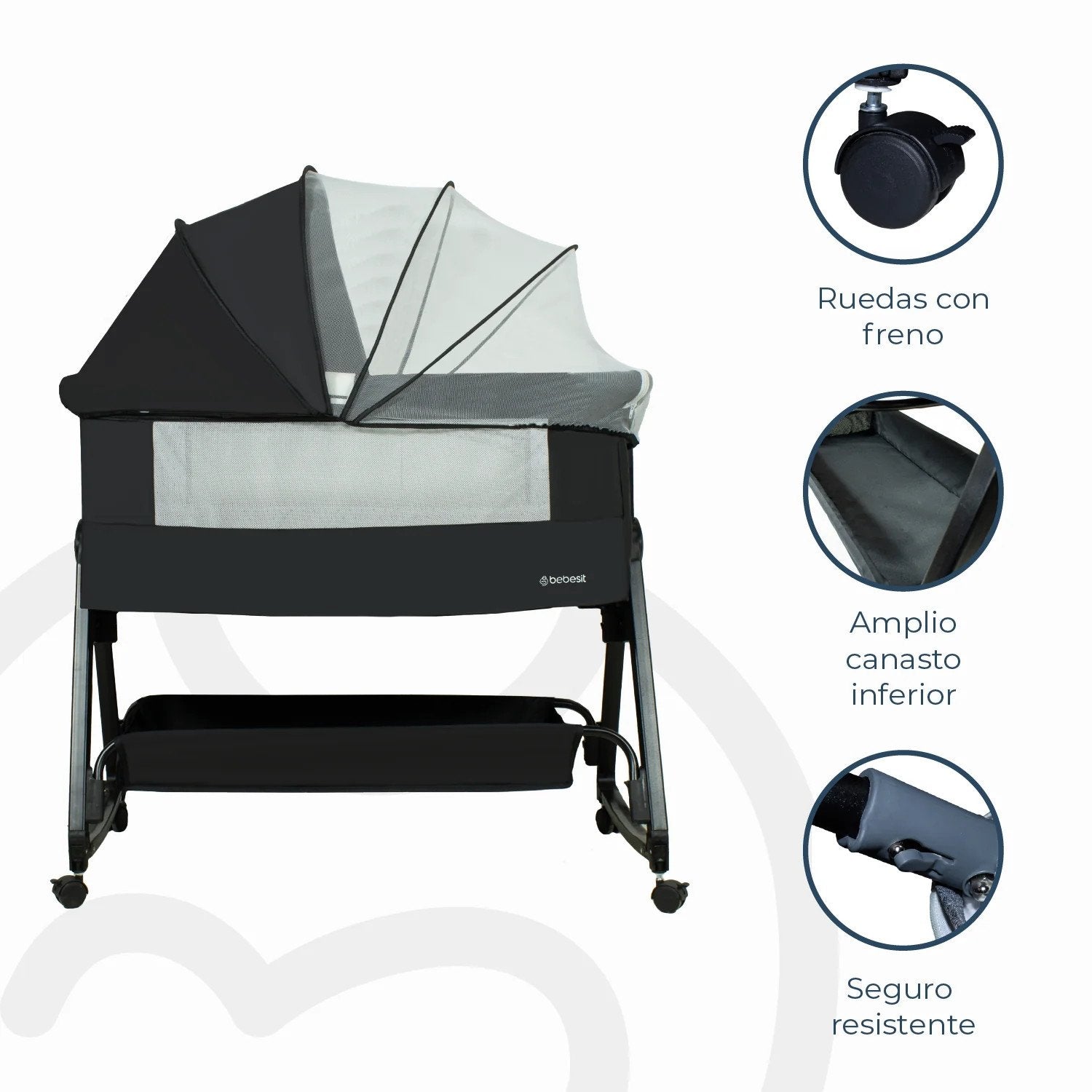 Cuna Colecho Balancin Cloud Colchón Mosquitero Canasto Negro