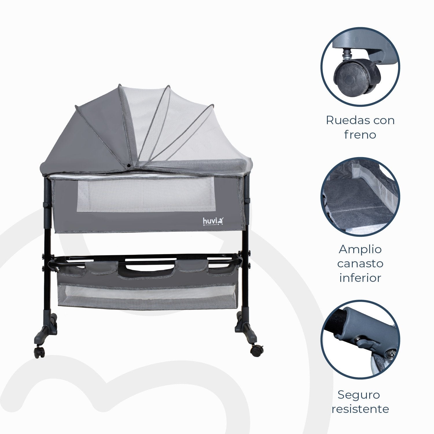 Cuna Colecho Cozy Con Colchón Mosquitero Y Canasto Gris Huvi