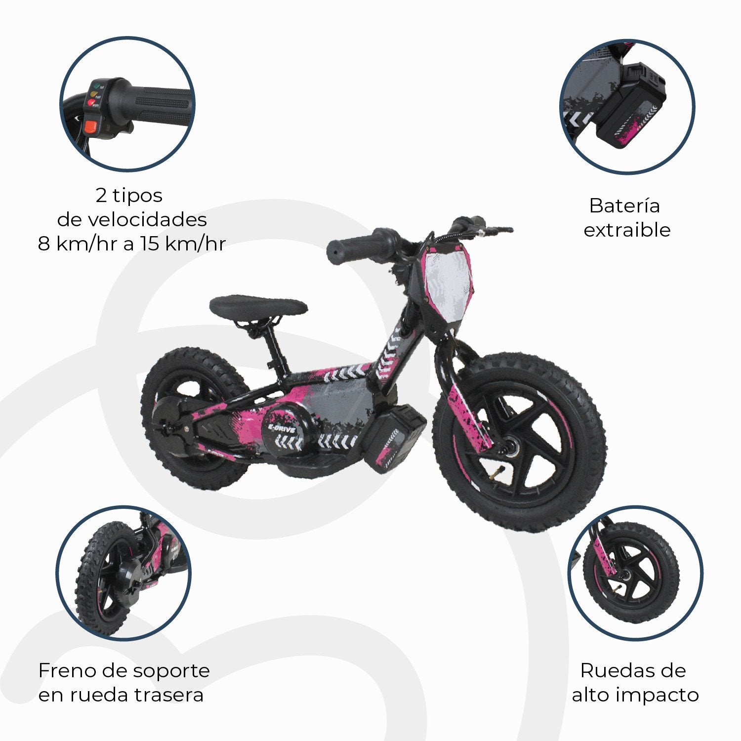 Bicicleta Moto Eléctrica E-bike Beride Aro 12 Rosada