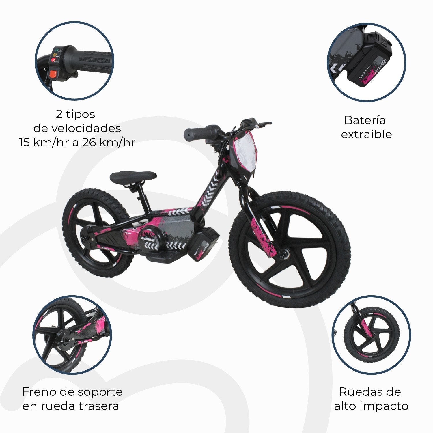 Bicicleta Moto Eléctrica E-bike Beride Aro 16 Rosada