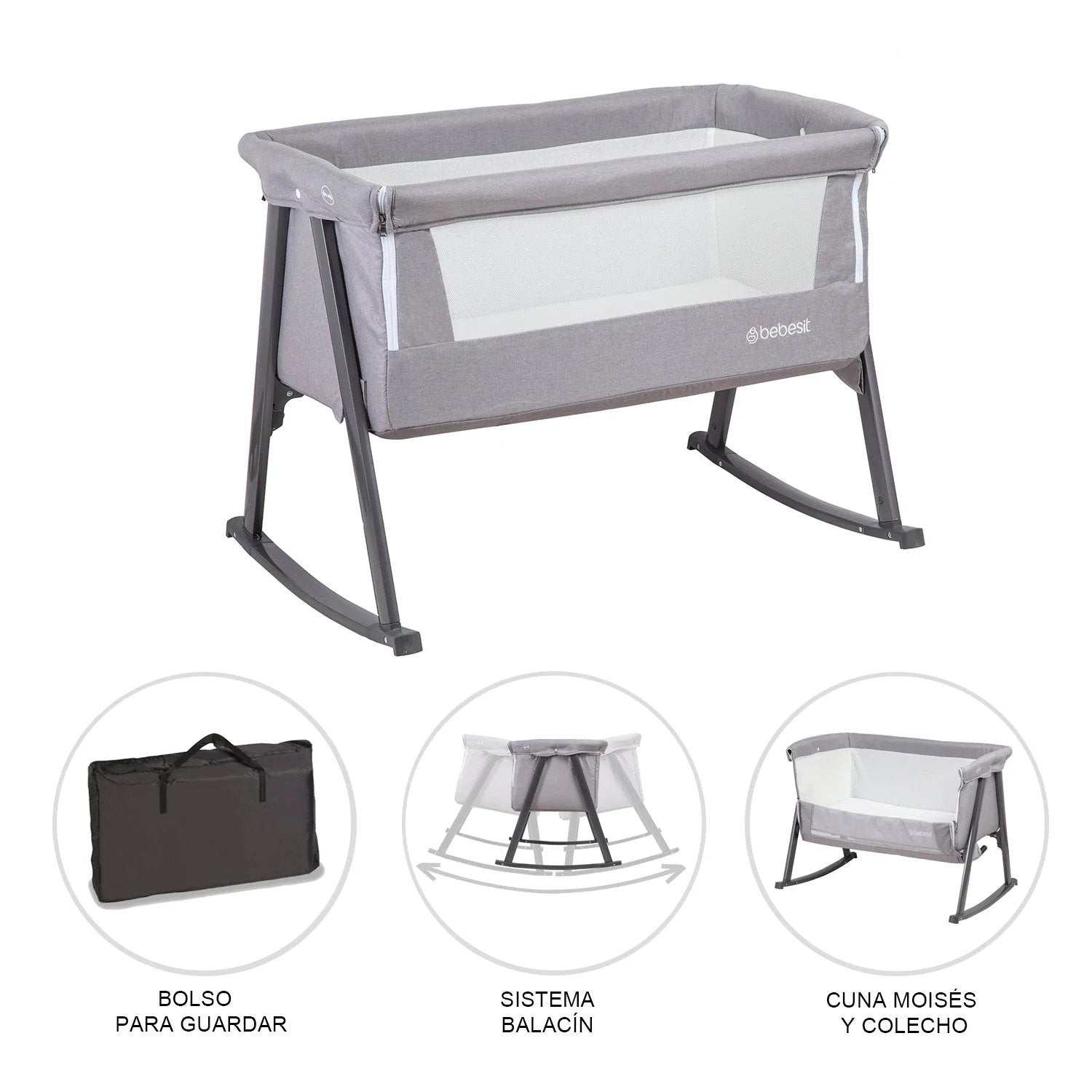 Cuna Colecho Moisés Mecedora Gris
