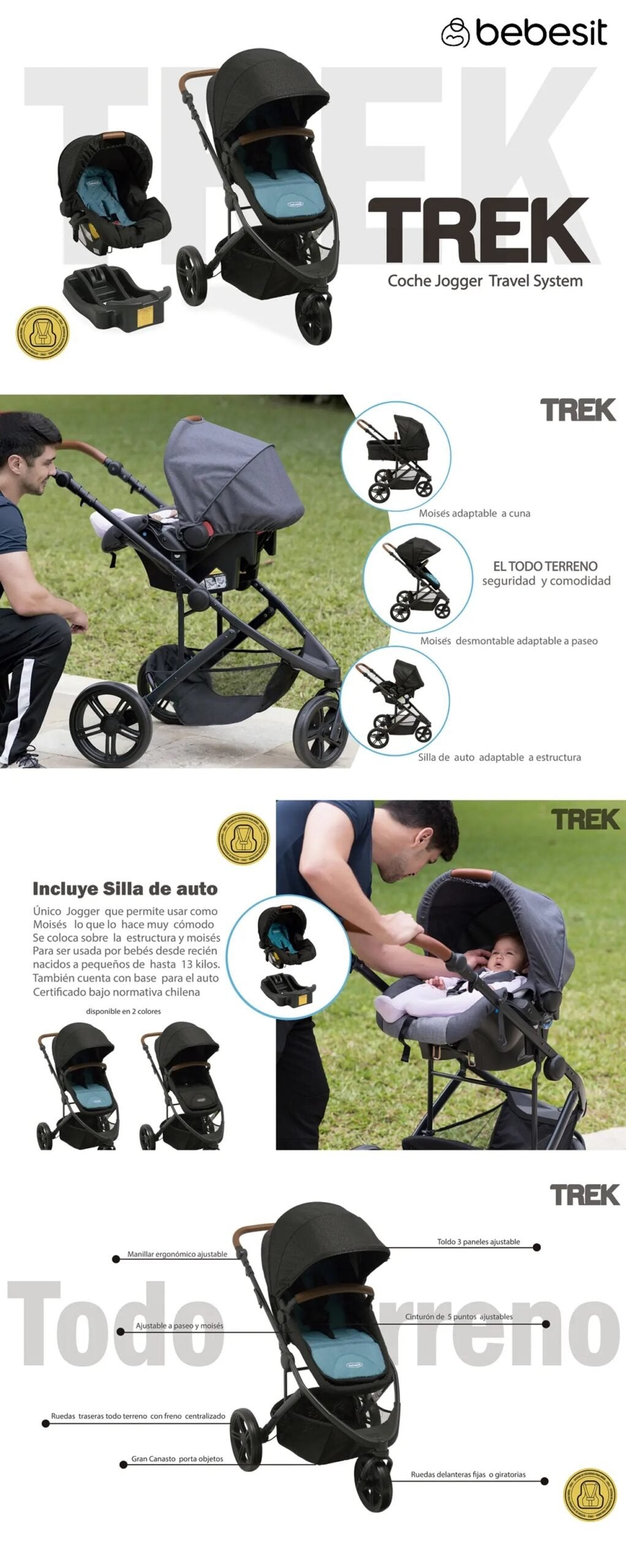 Coche Cuna Travel System Trek Gris Bebesit